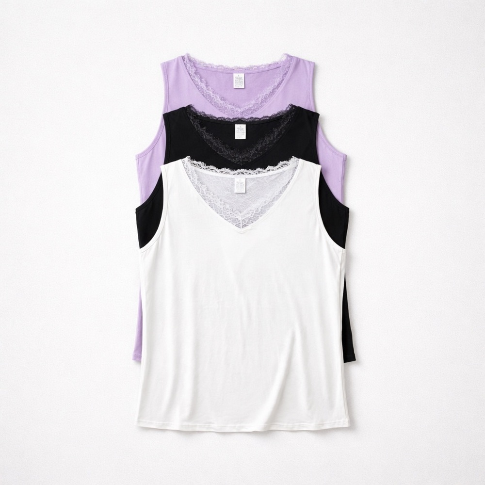 Women’s Lace Trim Sleeveless V-neck Tank Tops 3 pack Purple Black White Size XL